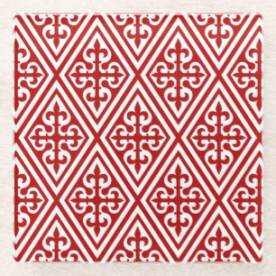 Dessous-de-verre En Verre Croix médiévale Damask - Rouge profond et blanc