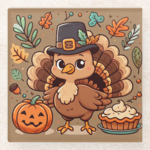 Dessous-de-verre En Verre Cute caricature Thanksgiving dinde et citrouille