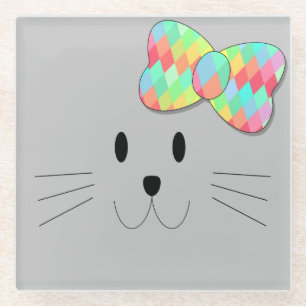 Dessous-de-verre En Verre Cute chat Meow arc-en-ciel Bow Gris Parties scinti