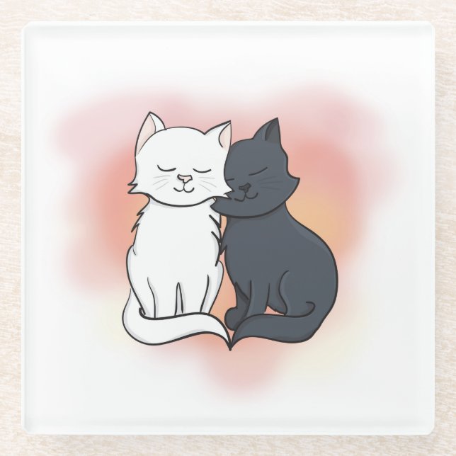 Dessous-de-verre En Verre Cute chats en dessin animé en amour (Devant)