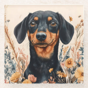 Dessous-de-verre En Verre Cute Dachshund avec peinture Fleur sauvage
