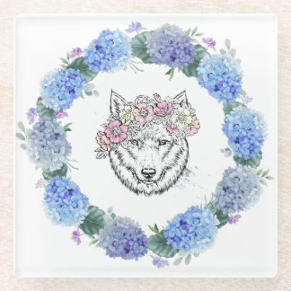 Dessous-de-verre En Verre Cute Floral Blue Hydrangea Wolf Dessous de verre e