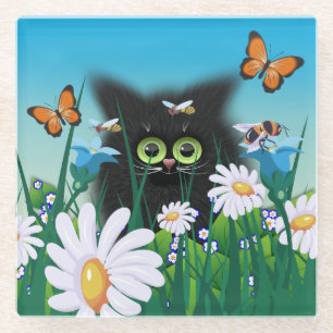 Dessous-de-verre En Verre Cute Fluffy Black Kitten et Daisy Art