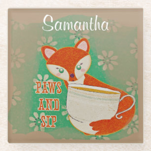 Dessous-de-verre En Verre Cute Fox Paws et Sip Quote Personnalisé