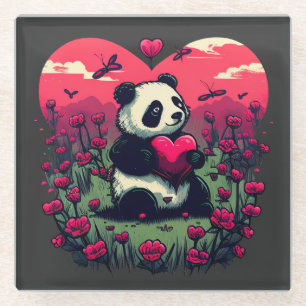 Dessous-de-verre En Verre Cute Panda Holding Heart - cadeau de la Saint-Vale