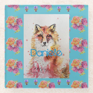 Dessous-de-verre En Verre Cute Red Fox Animal Turquoise Rose Roses