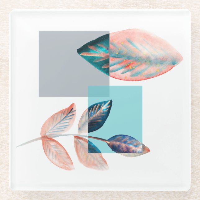 Dessous-de-verre En Verre Cyan Red Leaf (Devant)