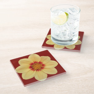 Dessous-de-verre En Verre Dahlia jaune sur fond floral rouge brique