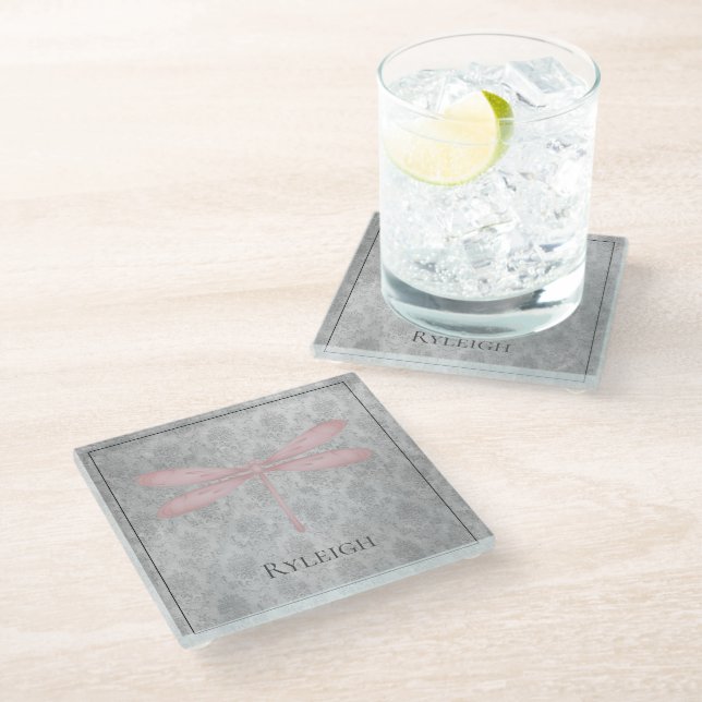 Dessous-de-verre En Verre Damas de libellule rose (Incliné)