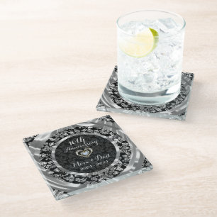 Dessous-de-verre En Verre Damas Florales Noires Et Argent.10e Anniversaire