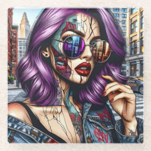 Dessous-de-verre En Verre Dame Abstraite Colorée et Jolie avec Cheveux Viole