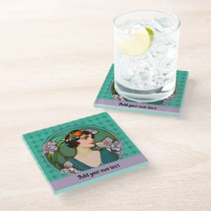 Dessous-de-verre En Verre Dame Art Nouveau en Vert & Lavande - votre texte