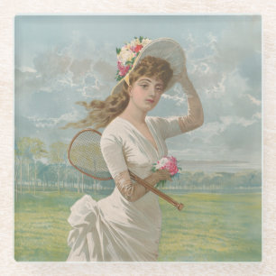 Dessous-de-verre En Verre Dame de tennis victorienne avec chapeau fleuri Ant