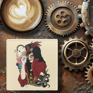 Dessous-de-verre En Verre Dame victorienne rouge steampunk poulpe vintage