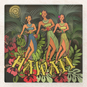 Dessous-de-verre En Verre Danseuses Hula Vintage Hawaï Rétro Tiki Palmier