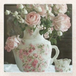 Dessous-de-verre En Verre De jolies roses roses dans une vieille théière en 