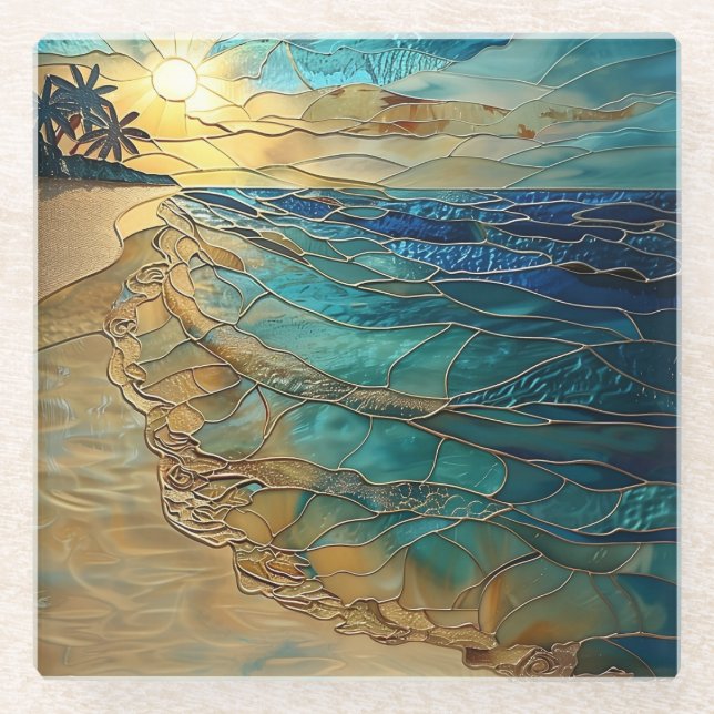 Dessous-de-verre En Verre Décor d'art côtier aux vagues océaniques (Devant)