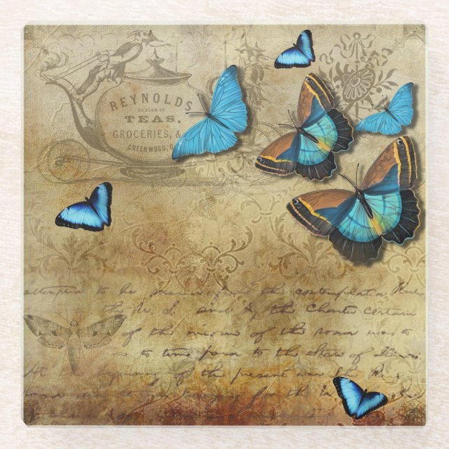 Dessous-de-verre En Verre Découpage rustique antique N Bleu Papillons Thé (Devant)