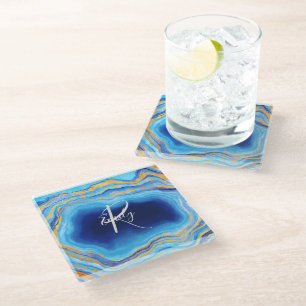 Dessous-de-verre En Verre Deep Indigo Agate Marbre Nom Abstrait Monogram Co