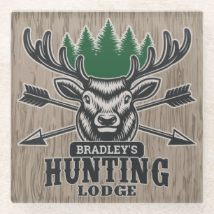Dessous-de-verre En Verre Deer Elk Hunter AJOUTER NOM Bow Hunter Lodge Cabin