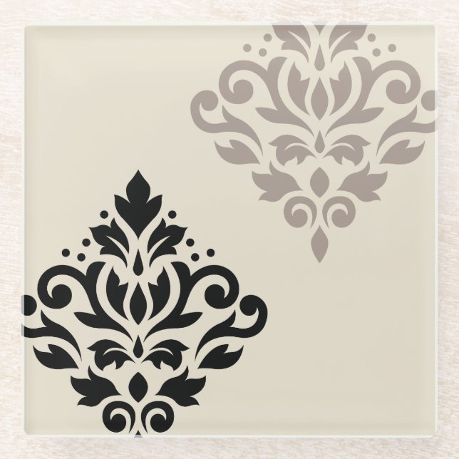 Dessous-de-verre En Verre Défiler Damask Art I Black Taupe Crème (Devant)