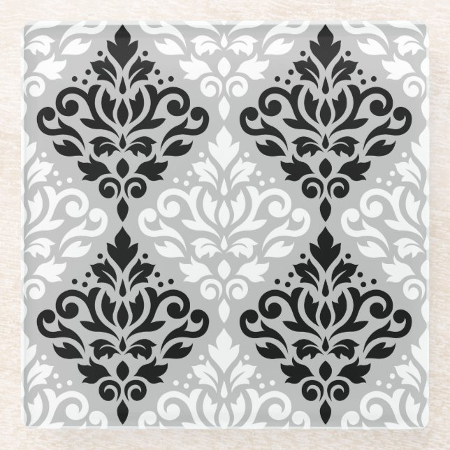 Dessous-de-verre En Verre Défiler Damask Ptn B&W sur Grey (Devant)