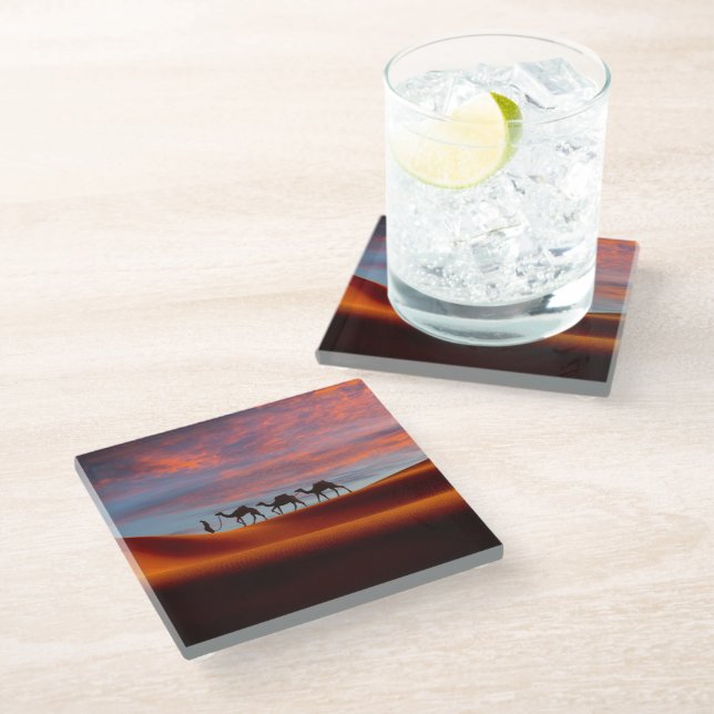 Dessous-de-verre En Verre Deserts | Man & Camels in the Sand Dunes (Incliné)