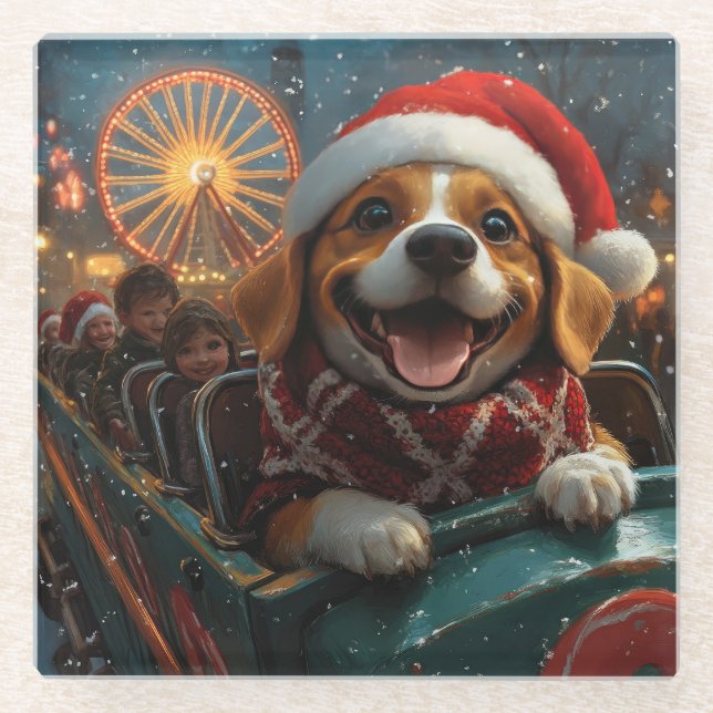 Dessous-de-verre En Verre Dessous de verre à rouleaux de chien beagle Noël (Devant)