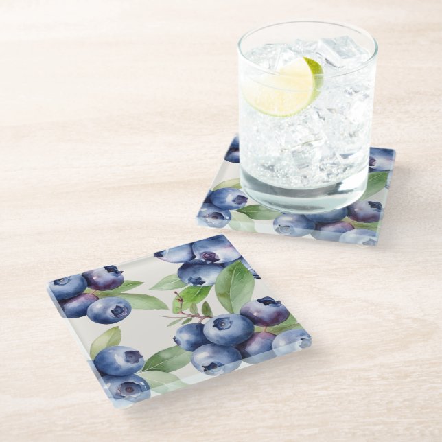 Dessous-de-verre En Verre Dessous de verre aux bleuets à l'aquarelle de char (Incliné)