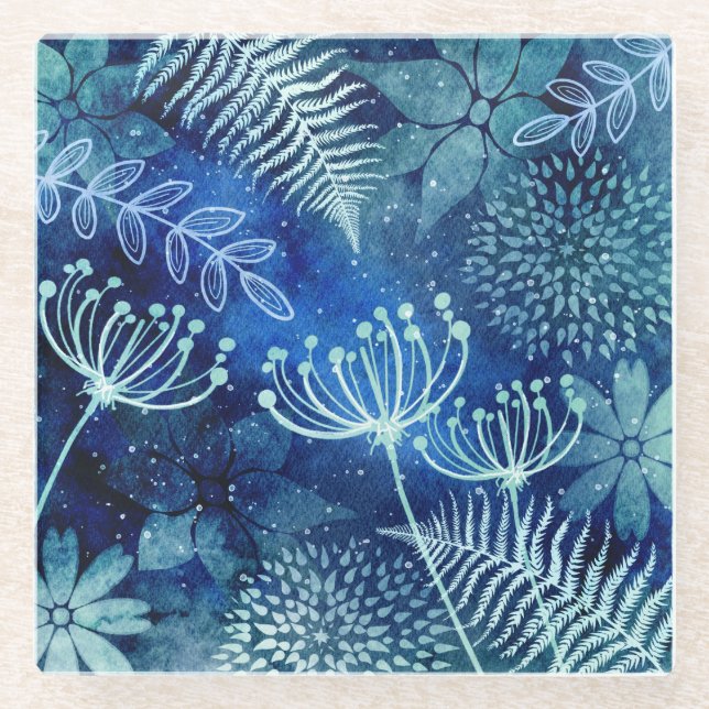 Dessous-de-verre En Verre Dessous de verre bleu fleuri en verre (Devant)