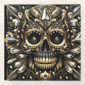 Dessous-de-verre En Verre Dessous de verre de crâne Diamant Noir et Or