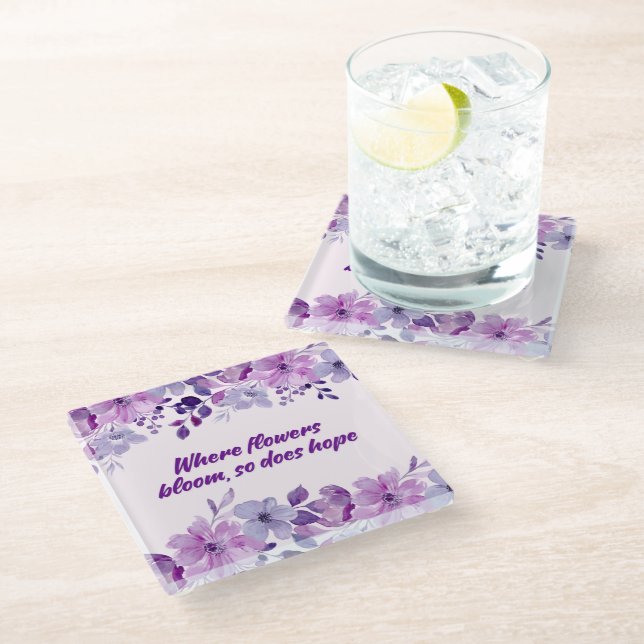Dessous-de-verre En Verre Dessous de verre de fleurs d'aquarelle violet (Incliné)