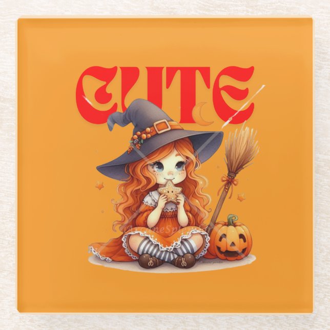 Dessous-de-verre En Verre Dessous de verre d'Halloween sorcière adorable (Devant)