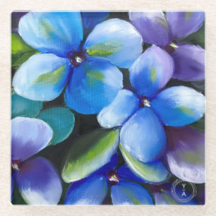 Dessous-de-verre En Verre Dessous de verre en verre à fleurs bleues