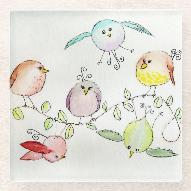 Dessous-de-verre En Verre Dessous de verre en verre - Oiseaux soyeux (Devant)