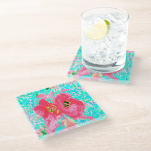 Dessous-de-verre En Verre Deux Rosy Red Coral Plum Crazy Hibiscus sur Aqua