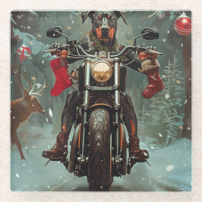 Dessous-de-verre En Verre Doberman Chien équitation Moto Noël (Devant)