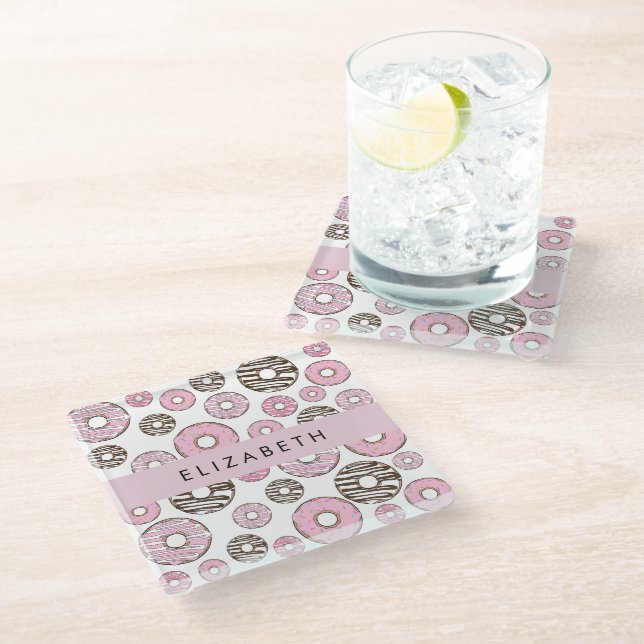 Dessous-de-verre En Verre Donuts Roses, Donuts Blancs, Sprinkings, Votre Nom (Incliné)
