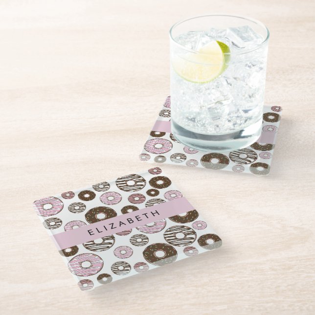 Dessous-de-verre En Verre Donuts Roses, Donuts Brown, Sprinkings, Votre Nom (Incliné)