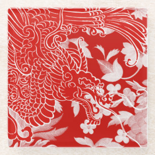Dessous-de-verre En Verre Dragon asiatique - Blanc et rouge sur Flore rouge