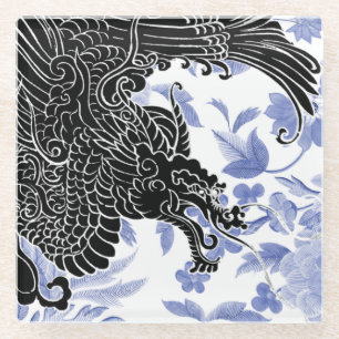 Dessous-de-verre En Verre Dragon asiatique - Noir et Blanc sur fond floral b