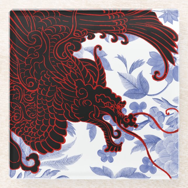 Dessous-de-verre En Verre Dragon asiatique - Noir et Rouge sur Floral bleu (Devant)