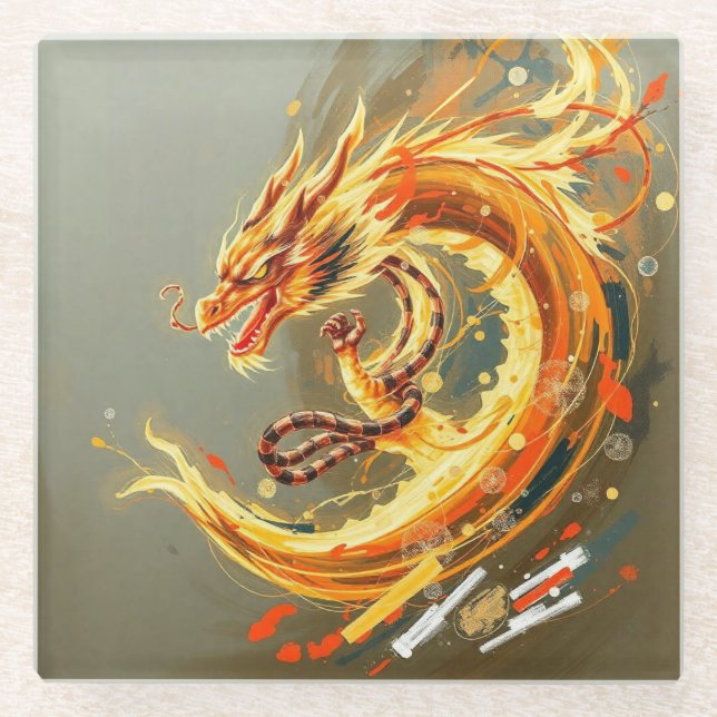 Dessous-de-verre En Verre Dragon Jaune Doré (Devant)