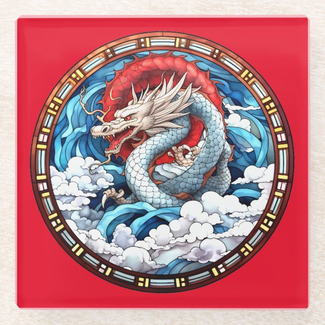 Dessous-de-verre En Verre Dragon mythique asiatique en rouge et bleu (Devant)