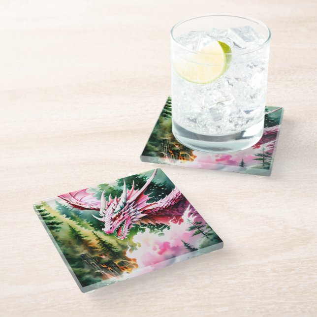 Dessous-de-verre En Verre Dragon respirant le feu vibrante écailles roses (Incliné)