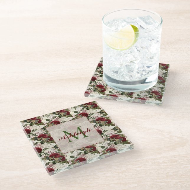 Dessous-de-verre En Verre Dragonflies de crème et Monogramme Rose (Incliné)