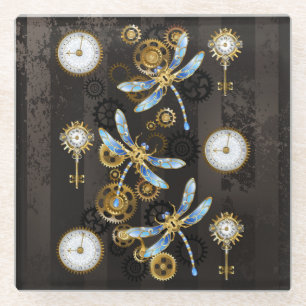 Dessous-de-verre En Verre Dragonflies de Steampunk sur arrière - plan rayé b