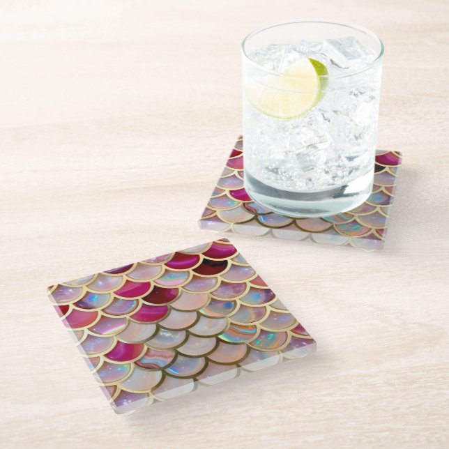 Dessous-de-verre En Verre Échelles de sirènes d'iridescente rose (Incliné)