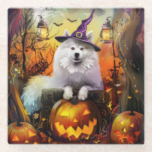 Dessous-de-verre En Verre Éffrayant Samoyed Chien Halloween sorcière et Citr