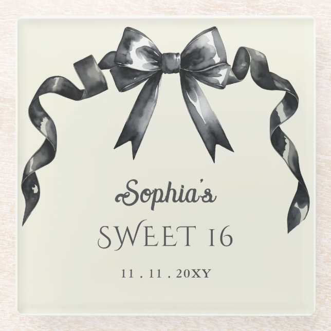 Dessous-de-verre En Verre Elégant Aquarelle Coquette Black Bow Sweet 16 (Devant)